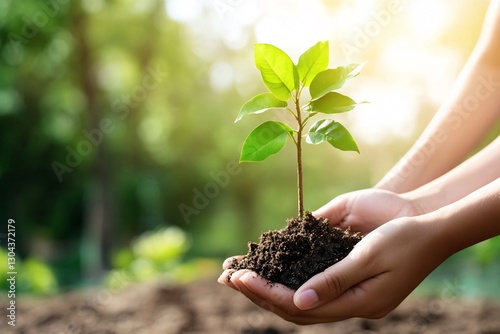 Hands holding a young tree seedling with sunlight in the background