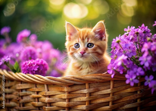 Adorable Red Kitten Amidst Purple Phlox in a Basket - Tilt-Shift Miniature Photography
