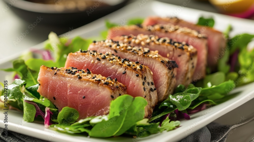 A perfectly seared tuna steak, sliced and arranged on a bed of greens, drizzled with sesame dressing. A perfectly seared tuna steak, sliced and arranged on a bed of greens, drizzled with sesame dressing.