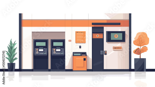 The image is a stylized illustration depicting the exterior of a modern bank branch. The building is rendered in a flat, vector style with clean lines and minimal detail.  The color scheme