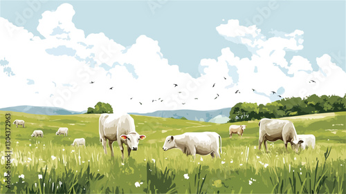 The image depicts a digitally painted or illustrated scene of several white cows grazing in a lush green pasture. The pasture is filled with tall grass and wildflowers. In the background,
