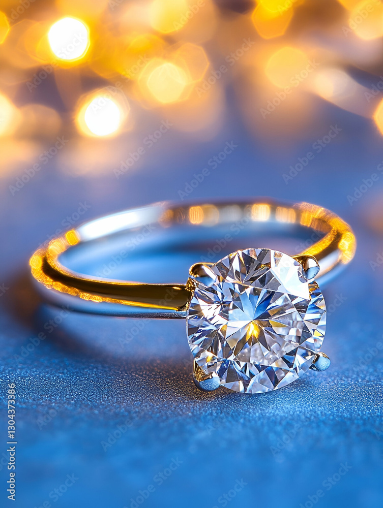 Sparkling solitaire diamond ring on blue, festive lights Sparkling solitaire diamond ring on blue, festive lights