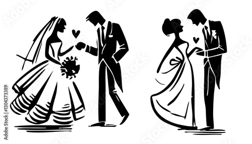 Vector wedding couple set. Silhouette of bride and groom. Elegant marriage couples. Beautiful brides dresses.