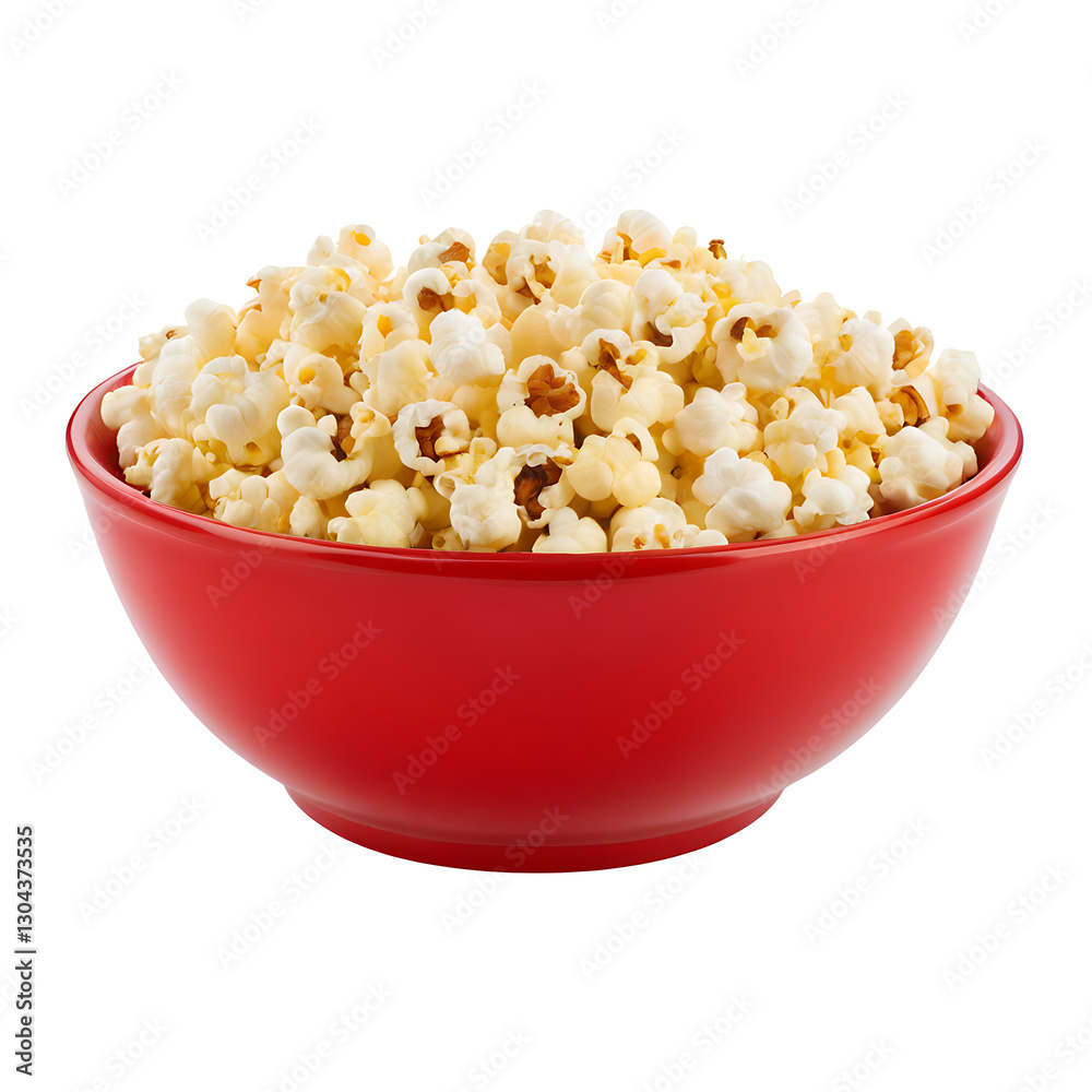 A red bowl overflowing with fluffy popcorn. Ideal for snack, movie night, or entertainment themes. A red bowl overflowing with fluffy popcorn. Ideal for snack, movie night, or entertainment themes.