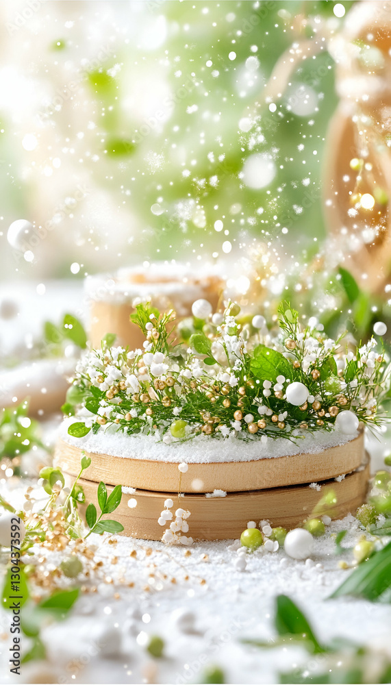 Springtime floral arrangement on snowy table, bokeh background Springtime floral arrangement on snowy table, bokeh background