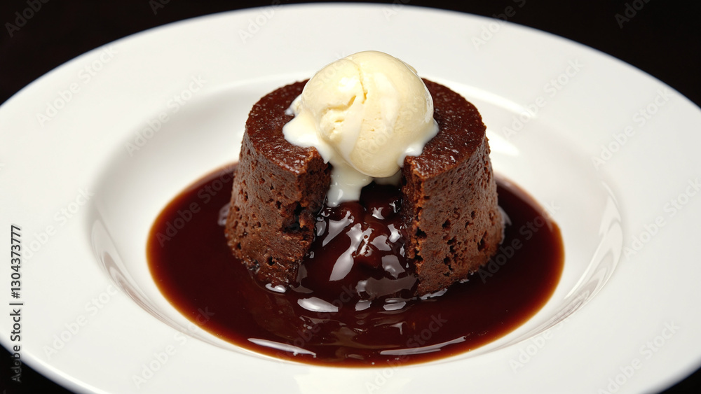 Chocolate Lava Cake with Vanilla Ice Cream and Rich Chocolate Sauce on Elegant Plate Chocolate Lava Cake with Vanilla Ice Cream and Rich Chocolate Sauce on Elegant Plate