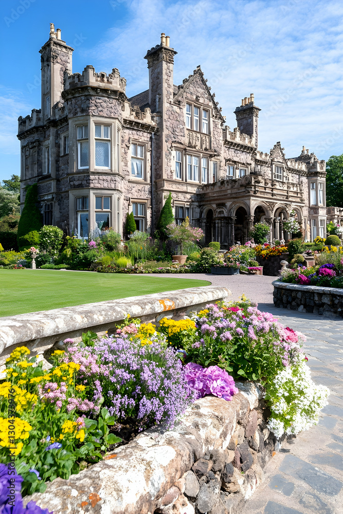 Fototapeta premium Stone mansion, sunny garden, floral border