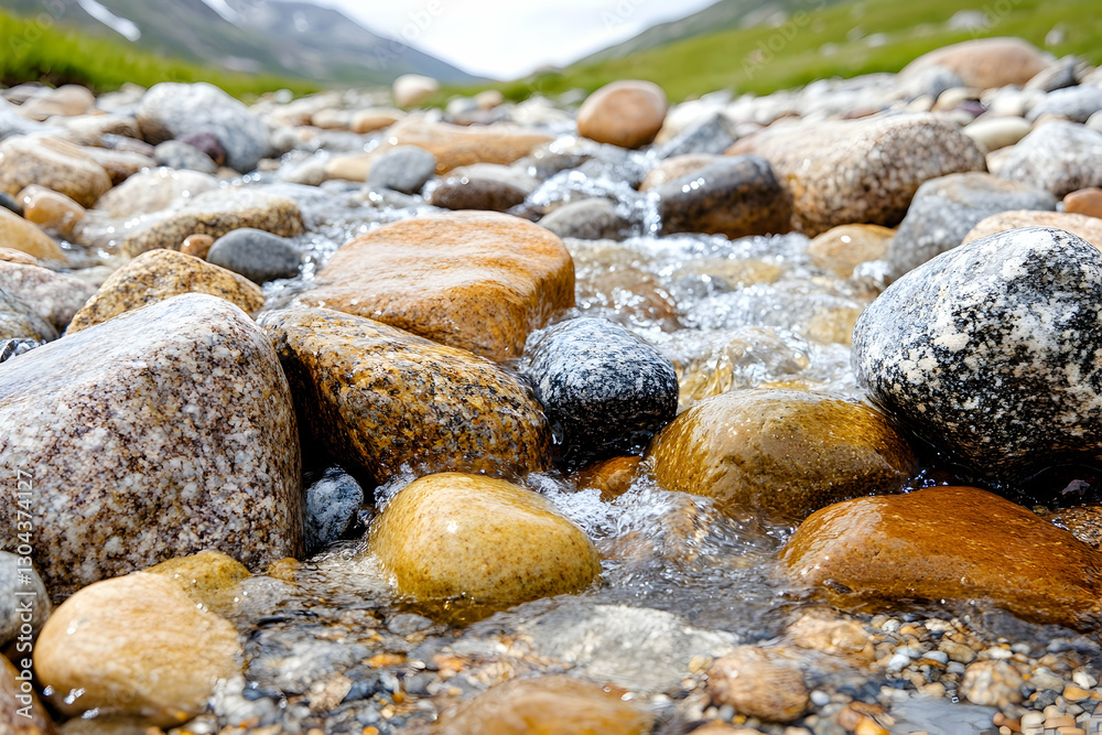 Stream flows over colorful rocks, mountain background Stream flows over colorful rocks, mountain background