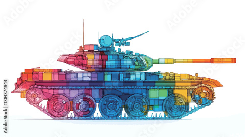 The image shows a profile view of a tank rendered in a vibrant, abstract style. The tank is depicted in a multitude of colors, creating a geometric, almost mosaic-like effect. Each section