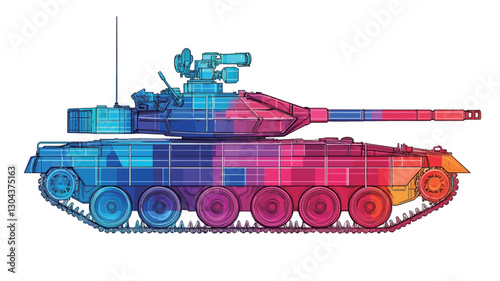 A side profile illustration of a tank rendered in a vibrant, abstract style. The tank is composed of multicolored polygons, creating a geometric pattern.  The colors are predominantly
