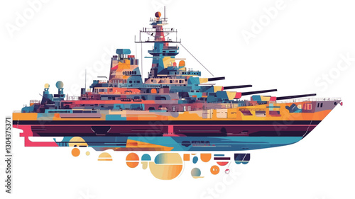 A stylized illustration of a battleship depicted in a vibrant, abstract style. The vessel is rendered with bold, multicolored geometric shapes and patterns, deviating from realistic