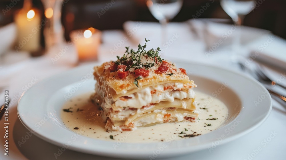 A rich seafood lasagna with layers of creamy bchamel sauce, shrimp, and crab, baked to perfection. A rich seafood lasagna with layers of creamy bchamel sauce, shrimp, and crab, baked to perfection.