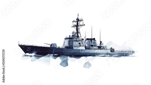 A digital illustration of a navy destroyer ship sailing on the ocean. The ship is depicted in shades of dark blue and gray, with details suggesting weaponry and superstructure. The ship is