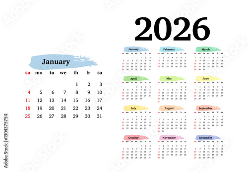 Calendar for 2026 isolated on a white background