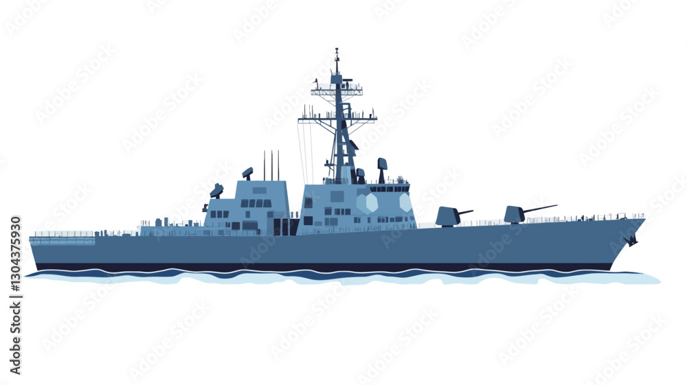 A digital illustration of a grey naval destroyer ship depicted from a side profile view against a white background. The ship is shown afloat on subtly rendered water. The image is a clean, A digital illustration of a grey naval destroyer ship depicted from a side profile view against a white background. The ship is shown afloat on subtly rendered water. The image is a clean,