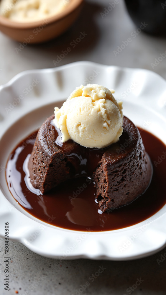 Chocolate Lava Cake with Vanilla Ice Cream and Rich Chocolate Sauce on Elegant Plate Chocolate Lava Cake with Vanilla Ice Cream and Rich Chocolate Sauce on Elegant Plate