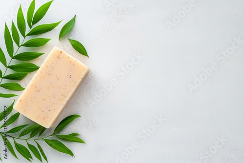 Wallpaper Mural top view handmade organic soap on white background with green leaves, copy space, homemade, natural, minimalistic Torontodigital.ca