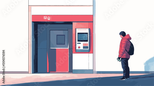 A digital illustration depicting a person standing in front of an ATM machine on a city street. The style is minimalist, with muted colors and simple lines. The person is wearing winter