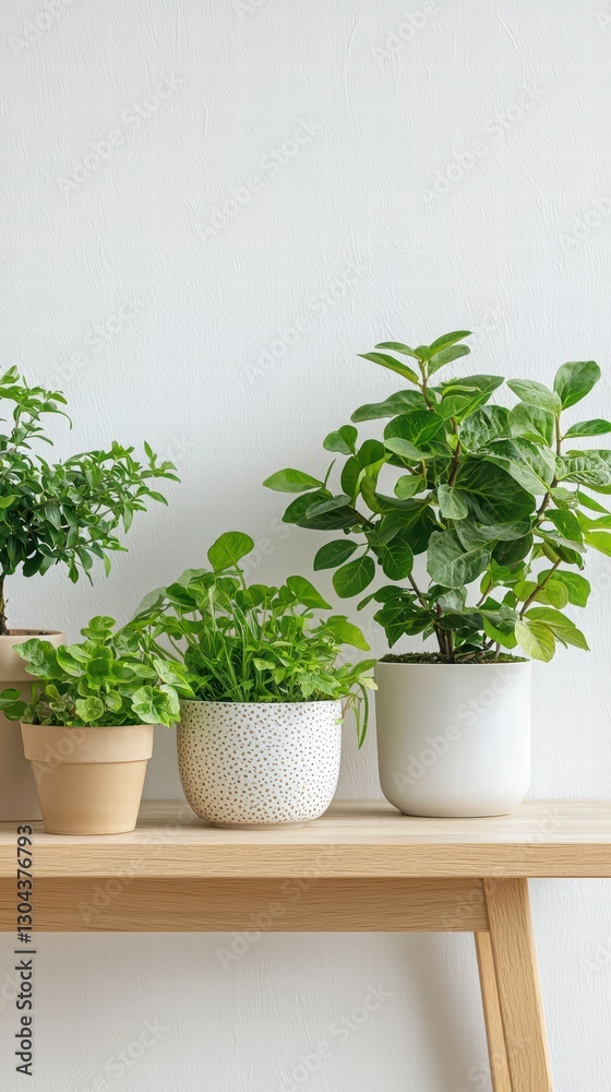 Fototapeta premium Indoor Oasis: Three potted plants stand on a wooden table, showcasing a minimalist, inviting display of indoor plants, perfect for a serene, home setting.