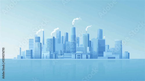 A digital illustration depicting a stylized cityscape situated on a body of water. The city is rendered in shades of light blue, with simplified, geometric building forms.  The sky is a