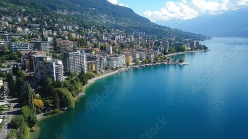 A scenic drone view of Montreuxs charming town, set between the vineyards and the sparkling blue lake.