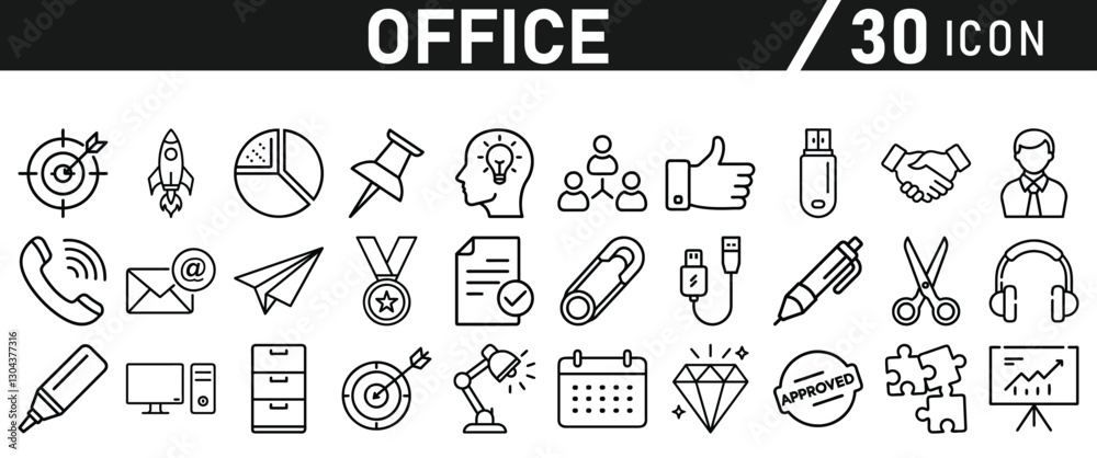 Office Icons set. Editable icon in liner style. For Mobile and Web. It contains an office desk, office, chair, coffee, document, computer mouse, and clipboard. vector illustration Office Icons set. Editable icon in liner style. For Mobile and Web. It contains an office desk, office, chair, coffee, document, computer mouse, and clipboard. vector illustration