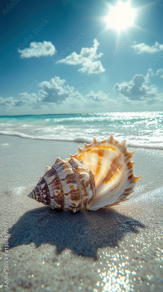 Gardener collects seashells on a sunny beach near the ocean Gardener collects seashells on a sunny beach near the ocean