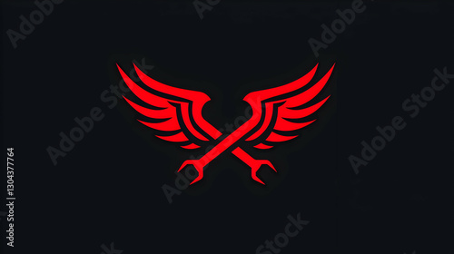 Red Wings with Wrenches Emblem on Black Background Design