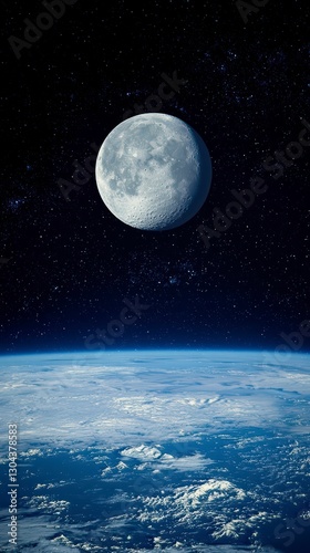 Celestial Embrace: A captivating view of the Earth, with the full moon shining brightly in the vastness of space.
