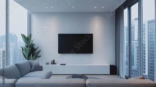 A slim Smart TV on a white wall, with a cozy sectional sofa and floor-to-ceiling windows in the background.