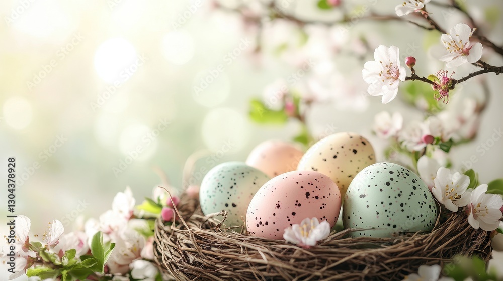 Obraz premium A vibrant Easter scene unfolds, with pastel eggs adorned with delicate spring blossoms nestled in a woven basket, bathed in the soft glow of a white background. The image invites viewers to celebrate
