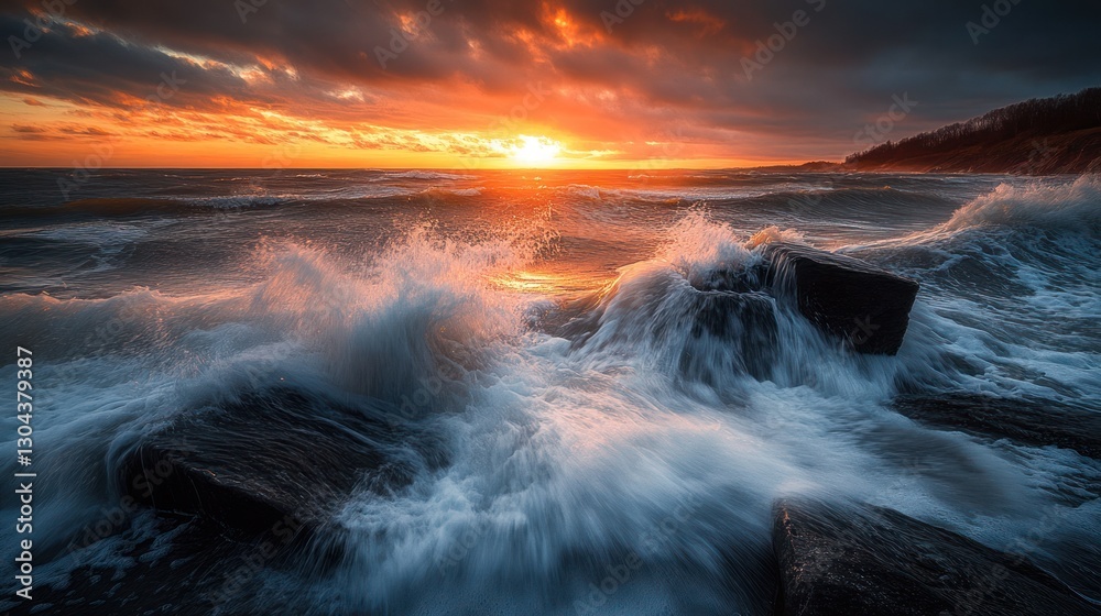 Fototapeta premium Fiery Sunset Over Dramatic Ocean Waves Crashing on Rocky Shore