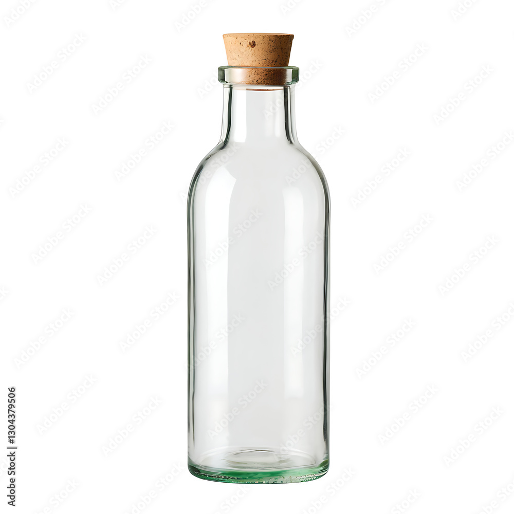  A clear glass bottle with a cork stopper, isolated on a white background. Ideal for beverage, storage, or vintage themes.