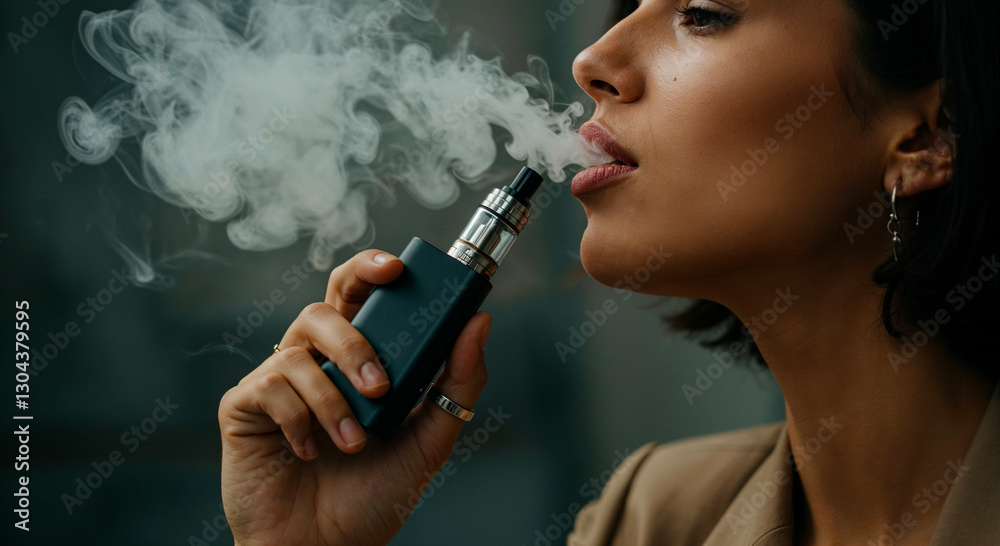 Fototapeta premium Stylish Woman Vaping, Close-up Portrait with Vapor Cloud, Modern Urban Lifestyle, Alternative to Traditional Smoking, Youth Culture