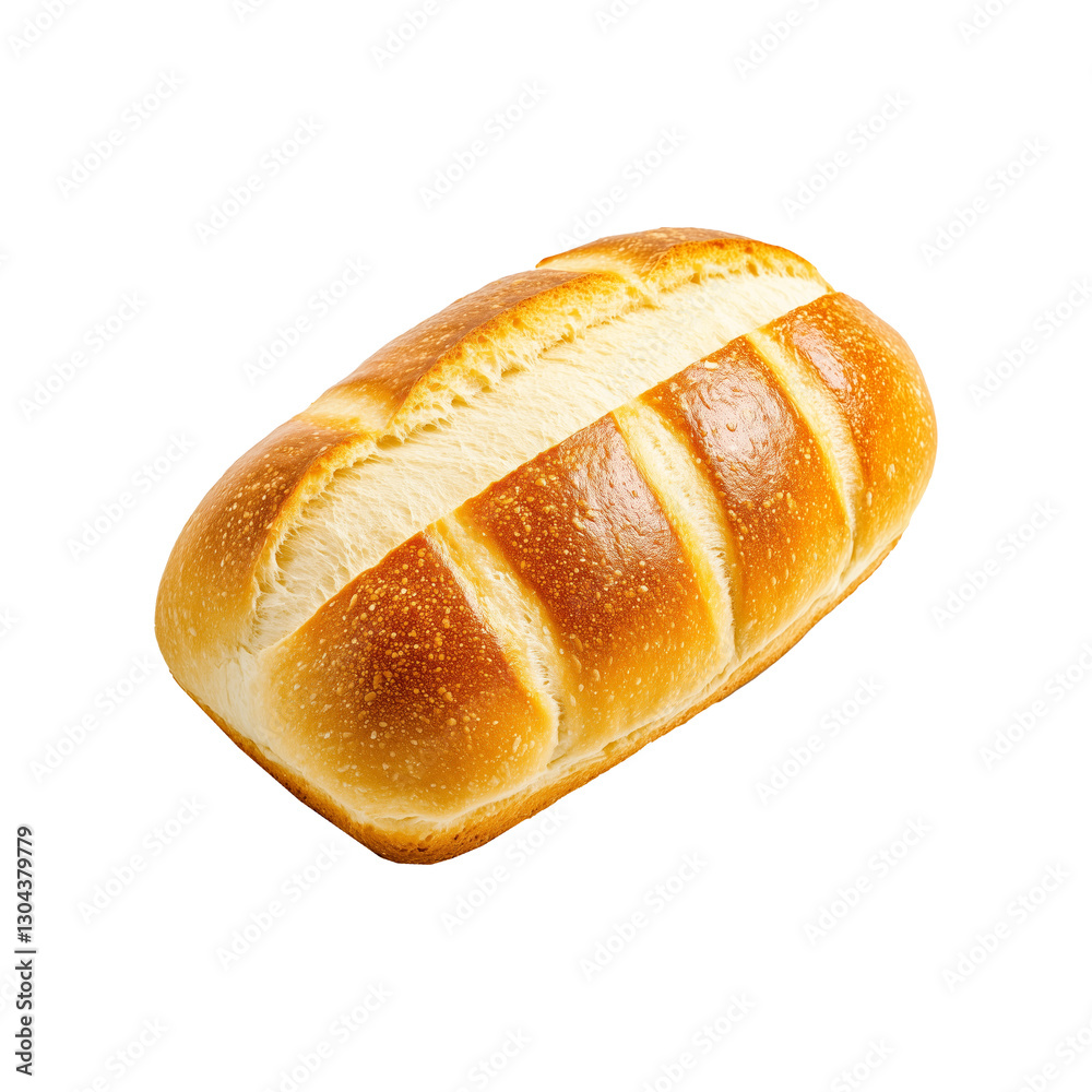 A fresh loaf of white bread showing its golden crust and soft interior, isolated on white transparent background. A fresh loaf of white bread showing its golden crust and soft interior, isolated on white transparent background.