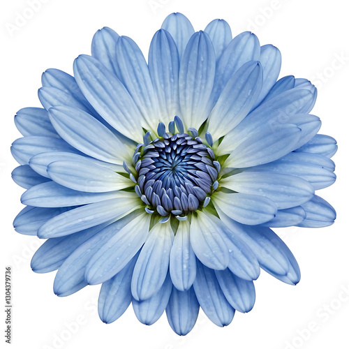 A blue daisy flower with a yellow center and delicate petals, isolated on a white background. Ideal for floral, nature, or spring themes.
