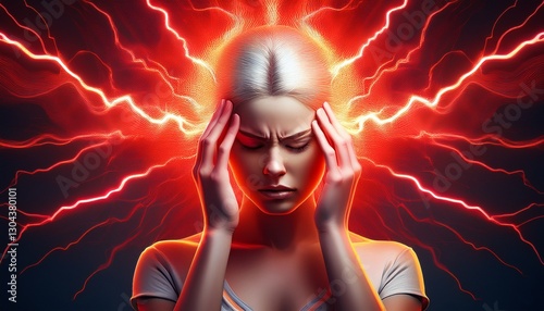 Headache. A woman holding their head with red waves or lightning bolts symbolizing pain photo