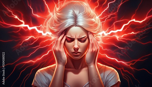 Headache. A woman holding their head with red waves or lightning bolts symbolizing pain photo