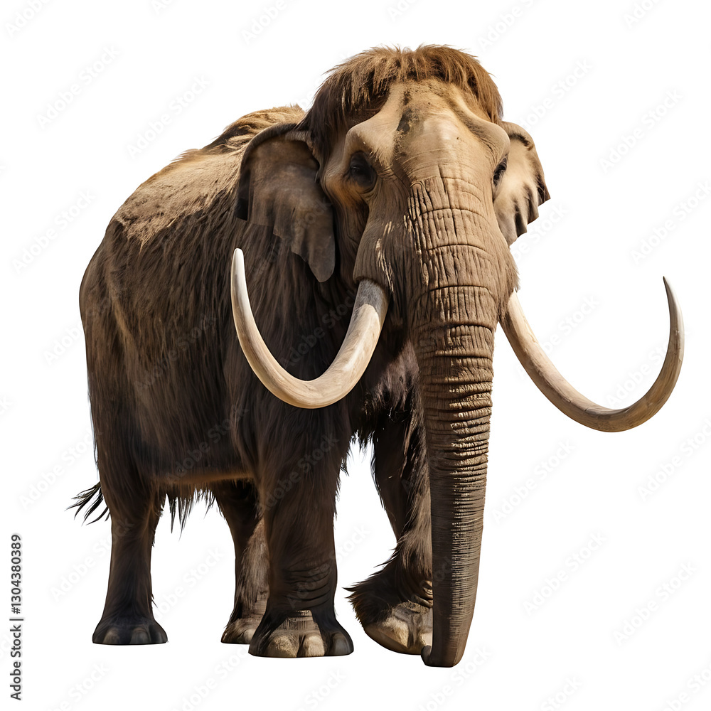 Obraz premium A woolly mammoth, a large, extinct mammal with long curved tusks and shaggy fur, isolated on a white background. Ideal for prehistoric, animal, or ice age themes.