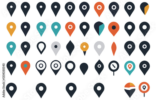 location marker, diverse map pin vector icons set. Ideal for mapping, navigation apps, websites. standard pins, circular markers, house shape, pushpin. vector and white background
