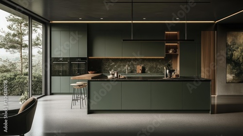Wallpaper Mural A modern luxury kitchen with dark green cabinets and island Torontodigital.ca