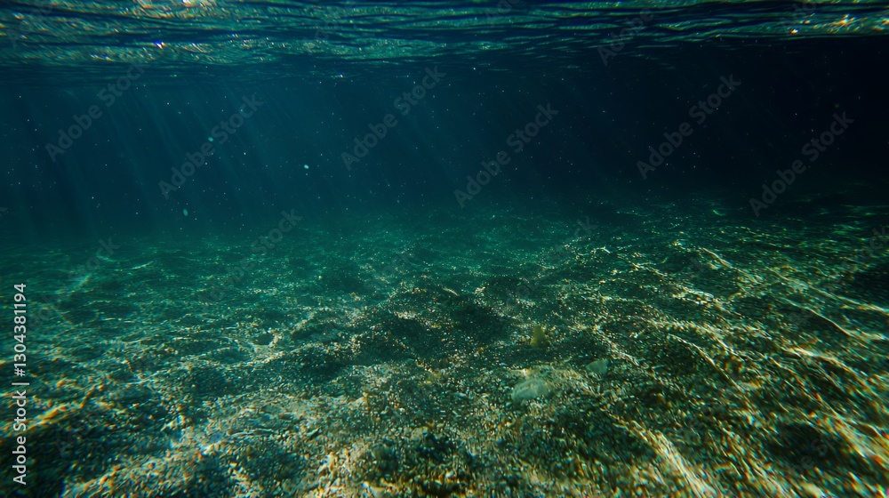 Fototapeta premium Underwater Scene With Sunlight Rays and Green Sea Floor