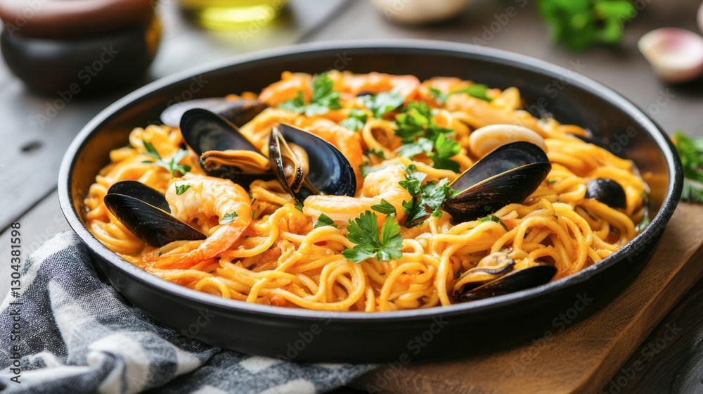 A traditional Spanish seafood fideu , made with short noodles, mussels, and squid, garnished with fresh parsley. A traditional Spanish seafood fideu , made with short noodles, mussels, and squid, garnished with fresh parsley.