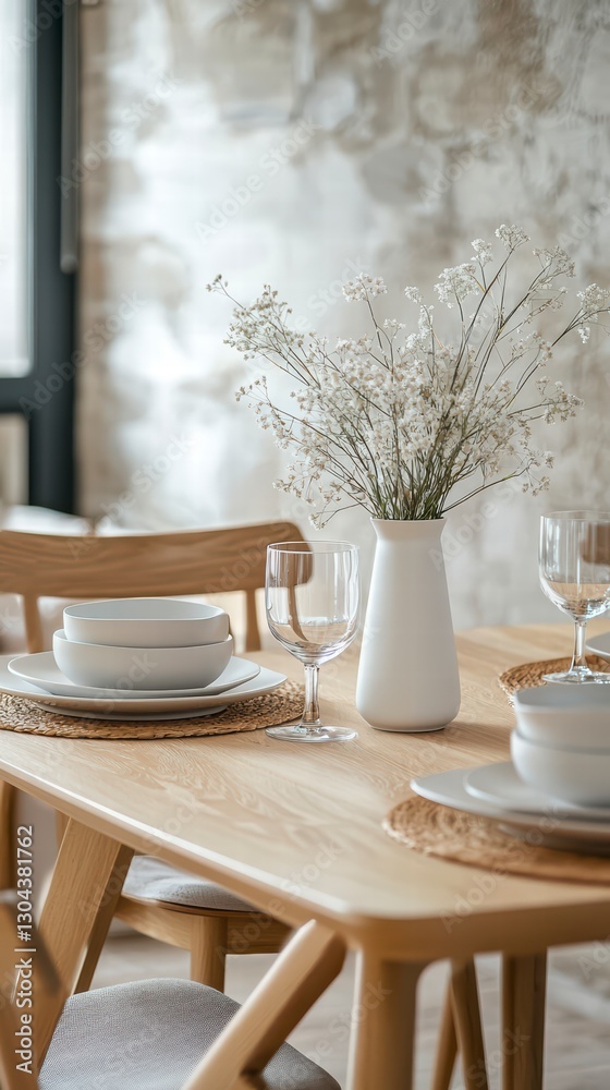 Fototapeta premium Rustic Table Setting: A beautifully arranged table setting with a vase of delicate flowers and tableware against a backdrop of textured brick, creating an inviting ambiance.