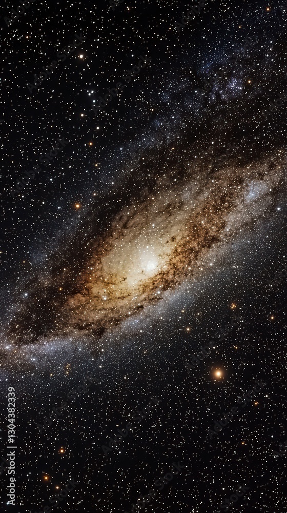 Obraz premium Galactic Tapestry: A breathtaking view of a spiral galaxy, its luminous core and swirling arms studded with countless stars and celestial wonders, unfolds against the infinite darkness of space.