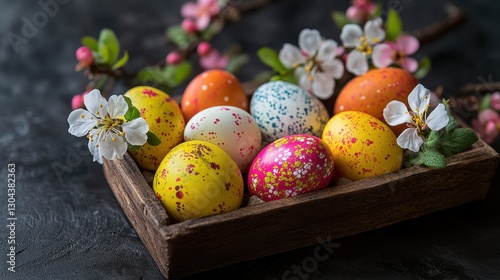 A vibrant array of hand-dyed Easter eggs, each adorned with blossoms and springtime blooms, nestled in a rustic paper tray. A festive scene celebrating the joy of Easter, capturing the essence of