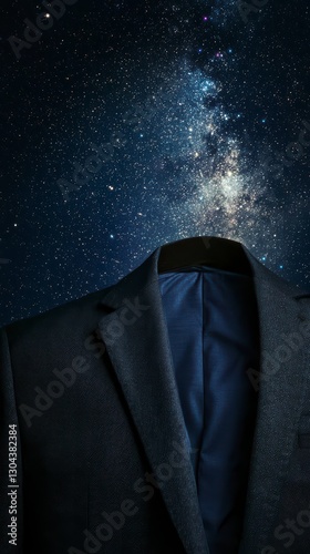 Cosmic Suit: A tailored suit hangs against a breathtaking starry backdrop. A mesmerizing blend of fashion and cosmic wonder.