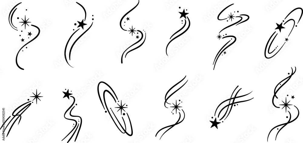 Star doodles hand drawn galaxy swirl icon or logo template, elegant hand drawn swirly shooting star sticker, modern minimalist trendy tattoo design set