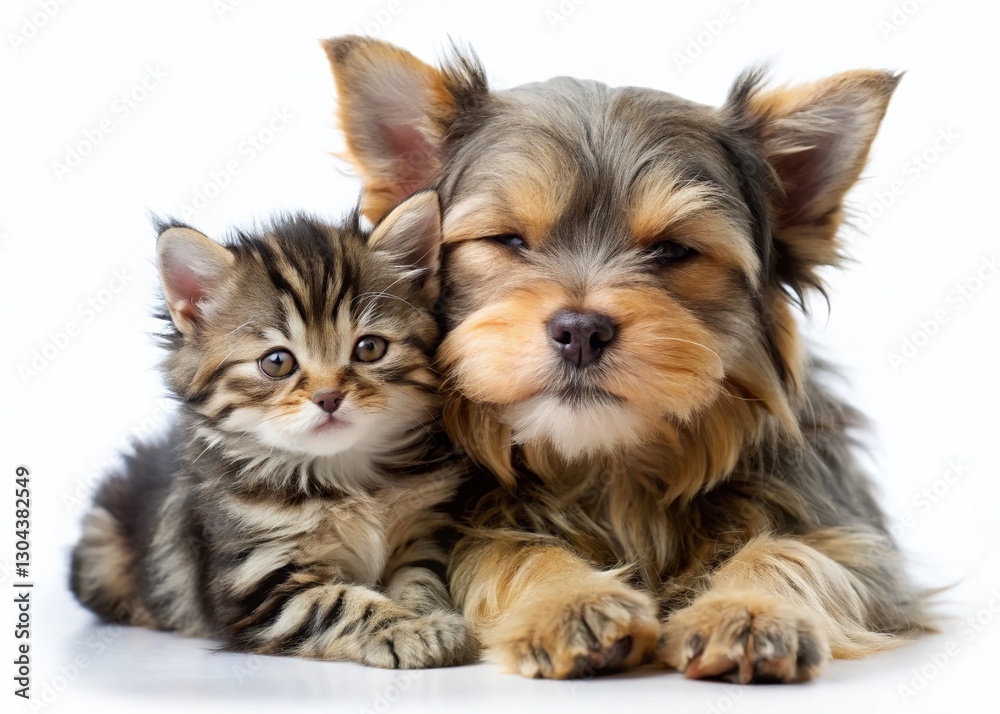 Adorable Yorkshire Terrier Puppy Gently Hugs Tiny Kitten - Isolated White Background Stock Photo Adorable Yorkshire Terrier Puppy Gently Hugs Tiny Kitten - Isolated White Background Stock Photo