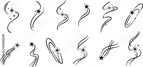 Star doodles hand drawn galaxy swirl icon or logo template, elegant hand drawn swirly shooting star sticker, modern minimalist trendy tattoo design set